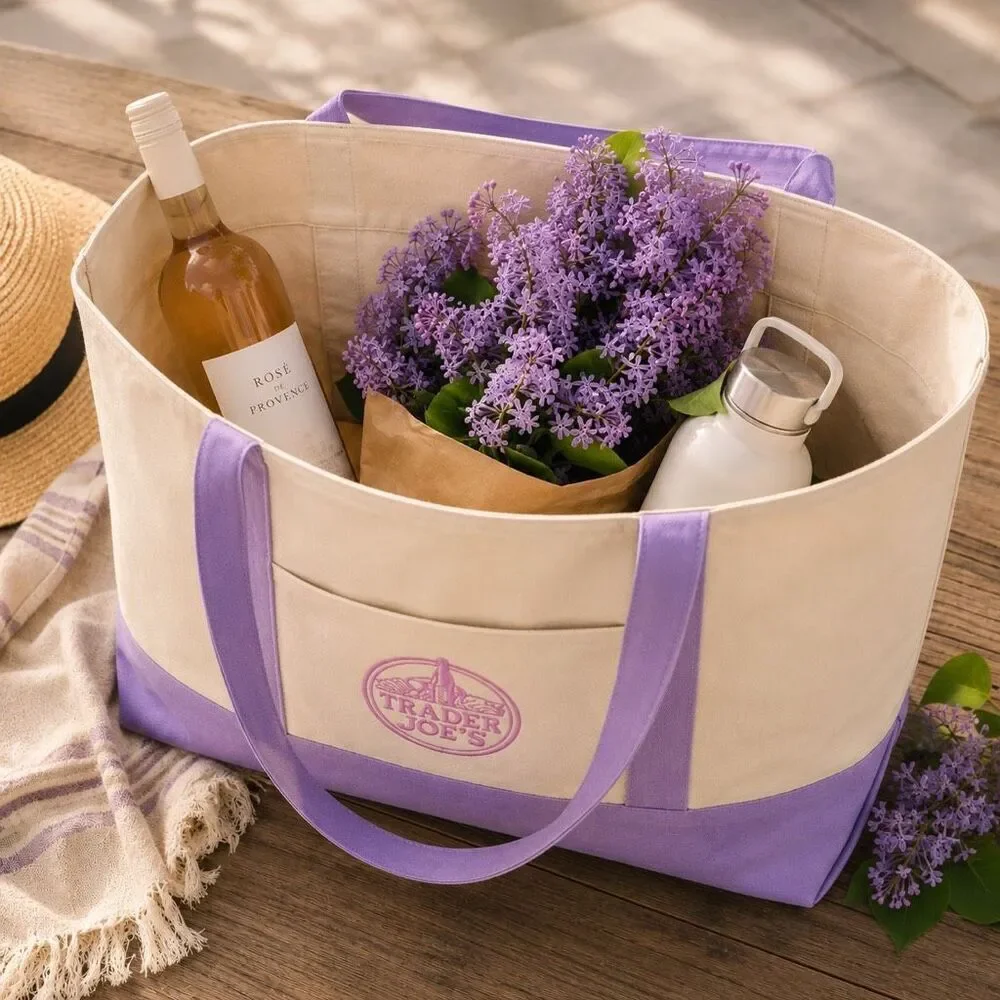 Trader Joe’s Lavender Canvas Tote Large Reusable Shopper Beach Bag NWT Pockets